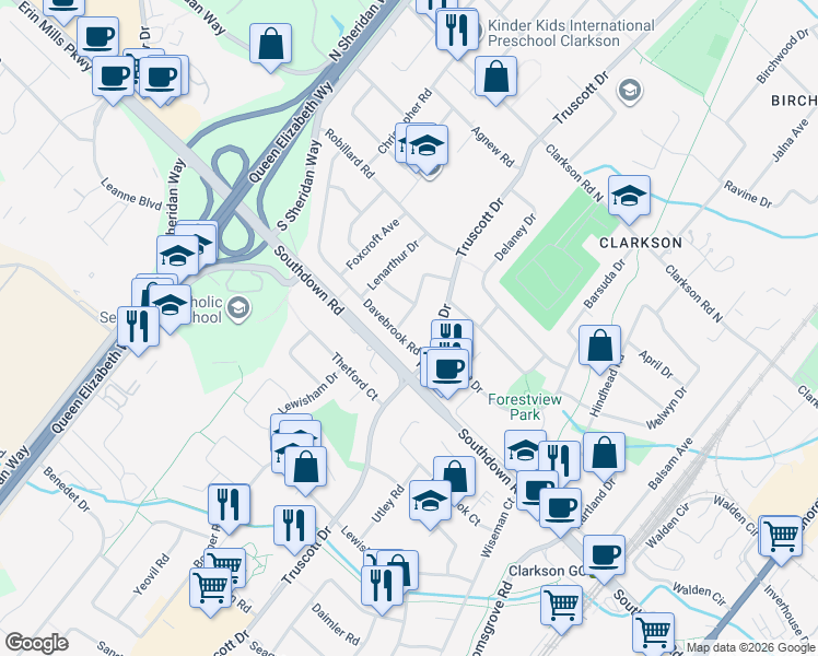 map of restaurants, bars, coffee shops, grocery stores, and more near in Mississauga