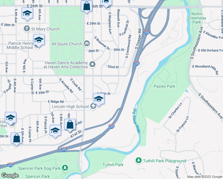map of restaurants, bars, coffee shops, grocery stores, and more near 2608 South Van Eps Avenue in Sioux Falls