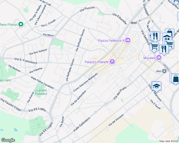 map of restaurants, bars, coffee shops, grocery stores, and more near 68 Viale della Vittoria in Jesi