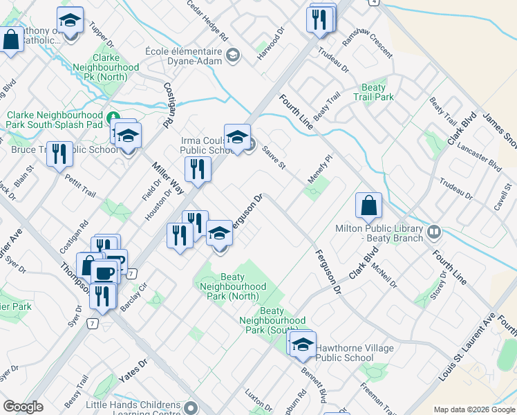 map of restaurants, bars, coffee shops, grocery stores, and more near 733 Agnew Crescent in Milton