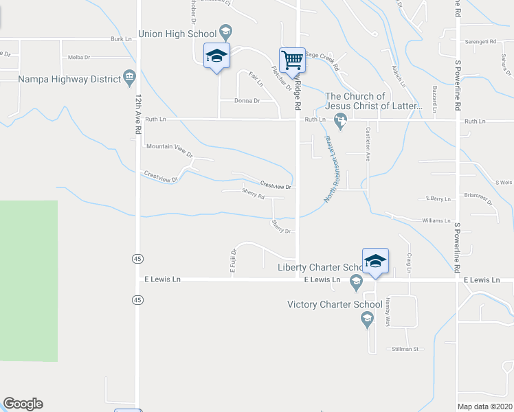 map of restaurants, bars, coffee shops, grocery stores, and more near 609 Sherry Road in Nampa