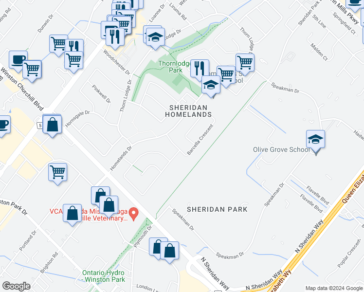 map of restaurants, bars, coffee shops, grocery stores, and more near 2573 Barcella Crescent in Mississauga