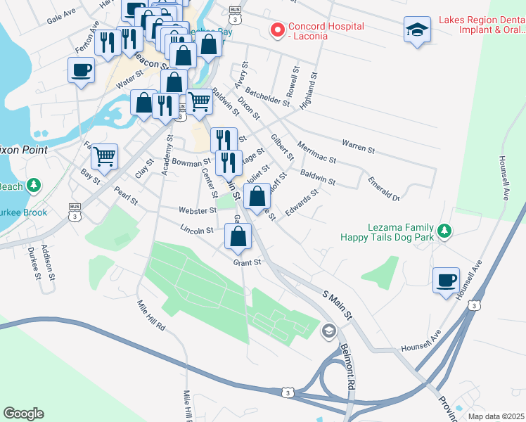 map of restaurants, bars, coffee shops, grocery stores, and more near 43 Province Street in Laconia