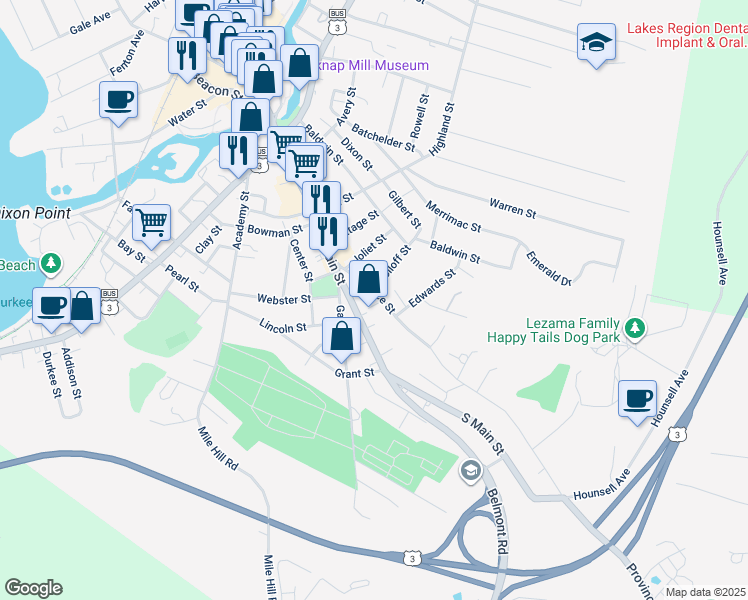 map of restaurants, bars, coffee shops, grocery stores, and more near 43 Province Street in Laconia