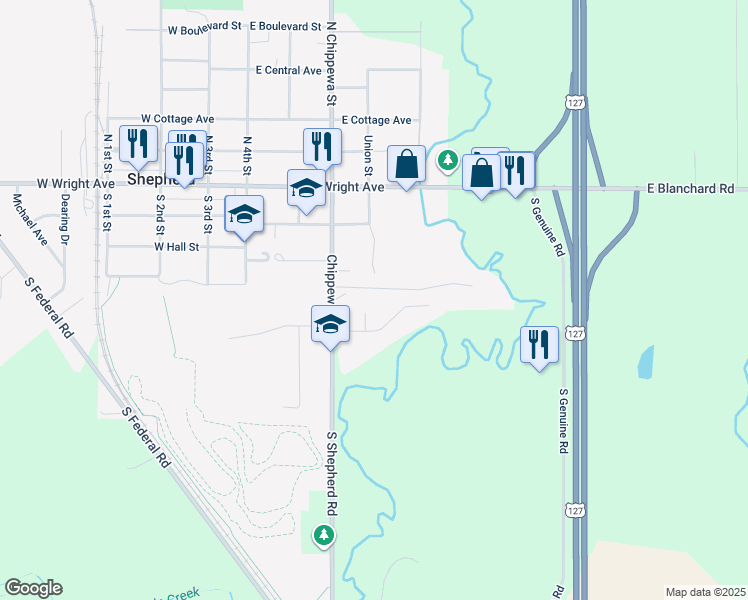 map of restaurants, bars, coffee shops, grocery stores, and more near 302 Red Maple Lane in Shepherd