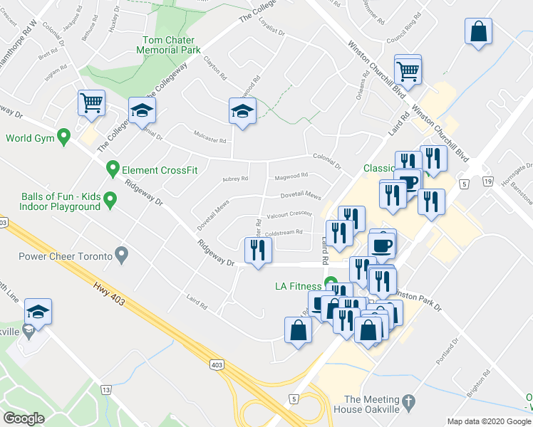 map of restaurants, bars, coffee shops, grocery stores, and more near 3251 Valcourt Crescent in Mississauga