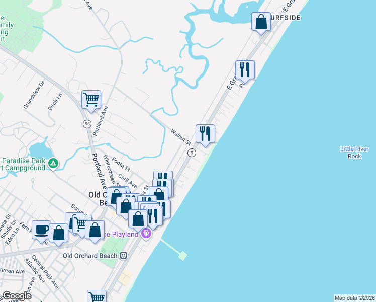 map of restaurants, bars, coffee shops, grocery stores, and more near 76 Milliken Street in Old Orchard Beach