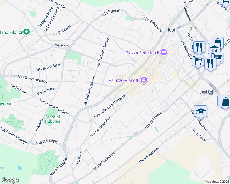 map of restaurants, bars, coffee shops, grocery stores, and more near 68 Viale della Vittoria in Jesi