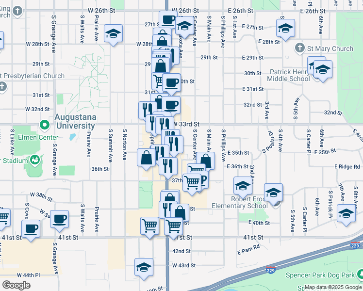 map of restaurants, bars, coffee shops, grocery stores, and more near 400 W 34th St in Sioux Falls