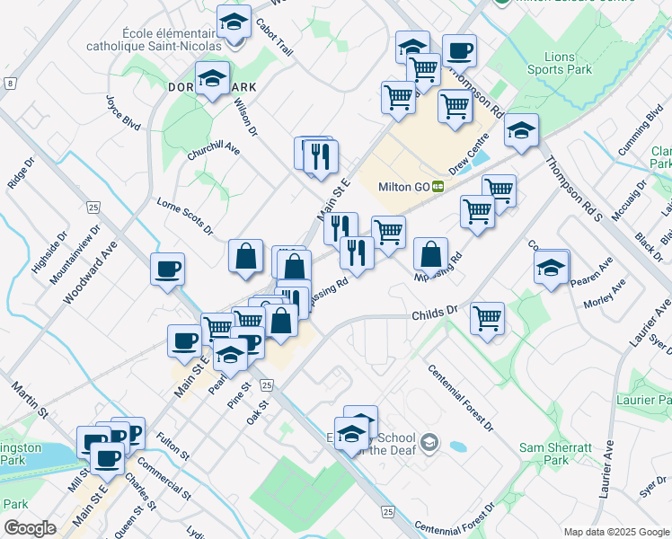 map of restaurants, bars, coffee shops, grocery stores, and more near 145 Nipissing Road in Milton