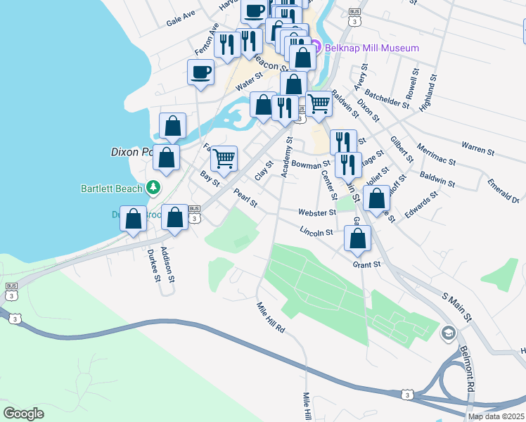 map of restaurants, bars, coffee shops, grocery stores, and more near 47 Pearl Street in Laconia