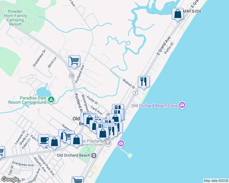 map of restaurants, bars, coffee shops, grocery stores, and more near 77 Milliken Street in Old Orchard Beach