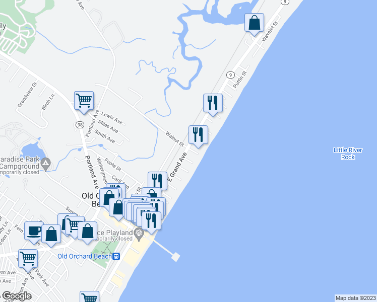 map of restaurants, bars, coffee shops, grocery stores, and more near 6 Walnut Street in Old Orchard Beach