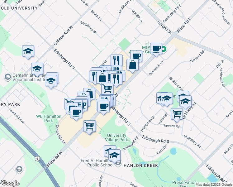 map of restaurants, bars, coffee shops, grocery stores, and more near 201 Stone Road West in Guelph