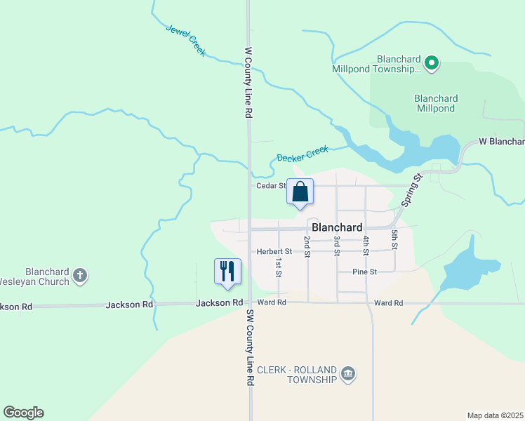 map of restaurants, bars, coffee shops, grocery stores, and more near 109 Main Street in Blanchard