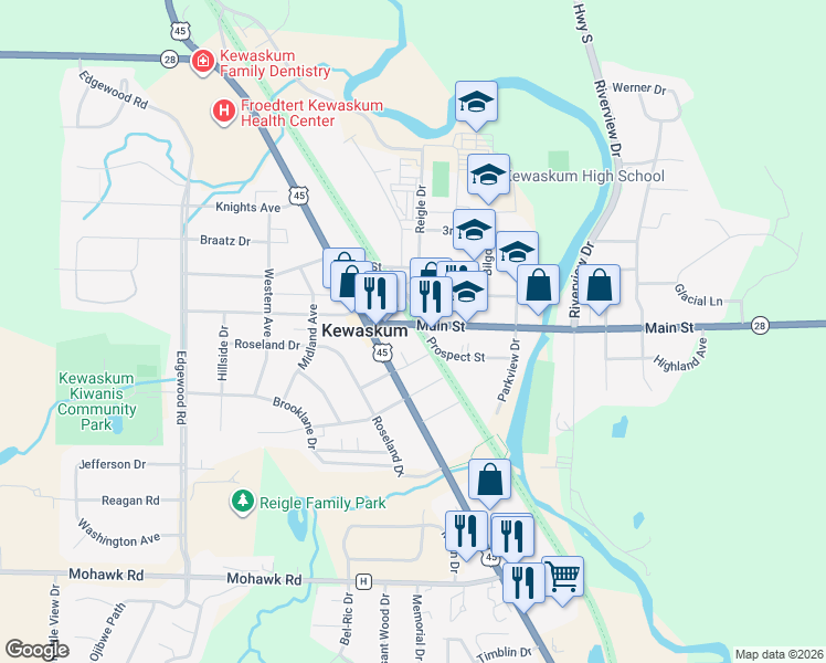 map of restaurants, bars, coffee shops, grocery stores, and more near 143 Main Street in Kewaskum