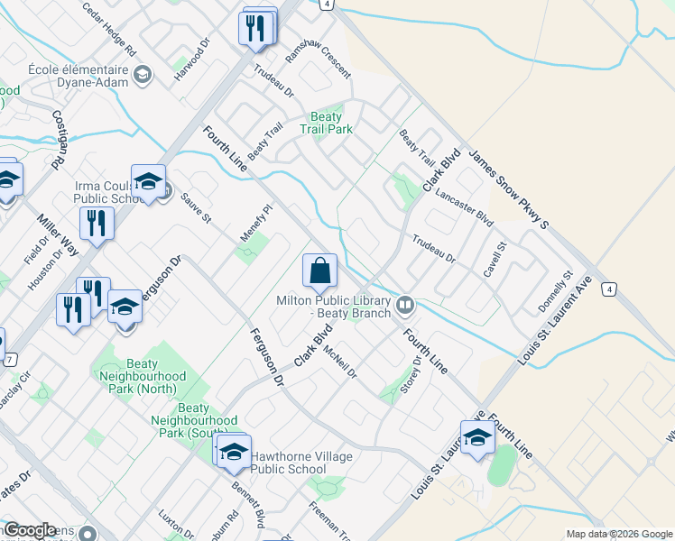 map of restaurants, bars, coffee shops, grocery stores, and more near 854 Fourth Line in Milton