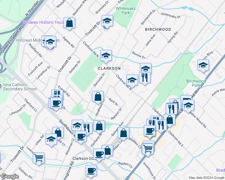 map of restaurants, bars, coffee shops, grocery stores, and more near 1031 Welwyn Drive in Mississauga