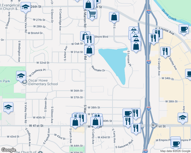 map of restaurants, bars, coffee shops, grocery stores, and more near 5000-5298 W 34th St in Sioux Falls