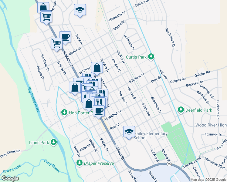 map of restaurants, bars, coffee shops, grocery stores, and more near 203 East Bullion Street in Hailey
