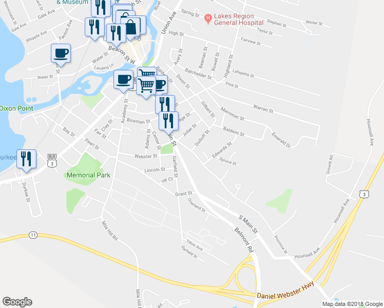 map of restaurants, bars, coffee shops, grocery stores, and more near 43 Province Street in Laconia