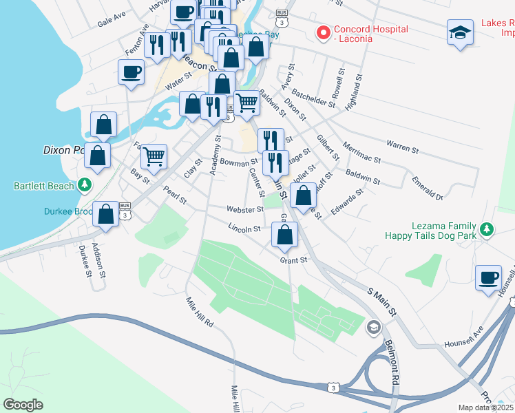 map of restaurants, bars, coffee shops, grocery stores, and more near 51 Center Street in Laconia