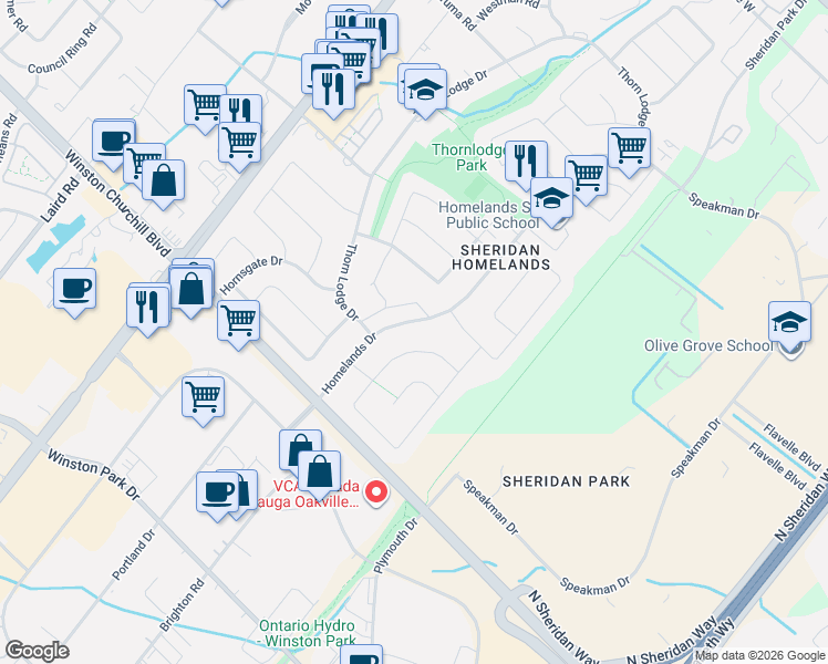map of restaurants, bars, coffee shops, grocery stores, and more near 2580 Homelands Drive in Mississauga