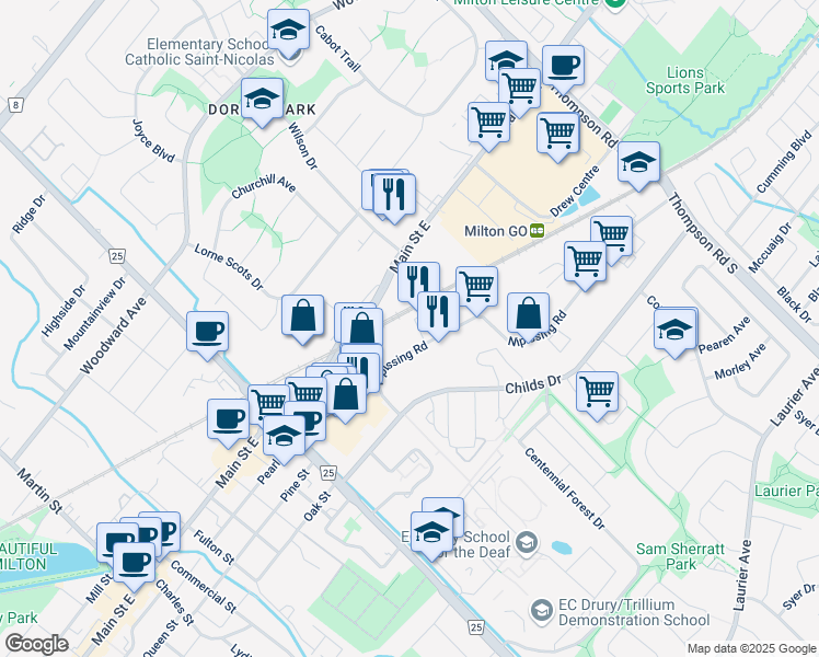 map of restaurants, bars, coffee shops, grocery stores, and more near 143 Nipissing Road in Milton
