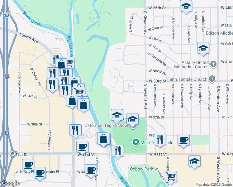 map of restaurants, bars, coffee shops, grocery stores, and more near 3201 West Rivers Edge Way in Sioux Falls