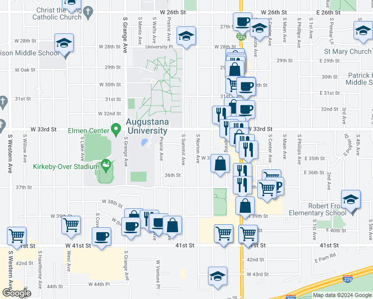 map of restaurants, bars, coffee shops, grocery stores, and more near 2604 South Summit Avenue in Sioux Falls