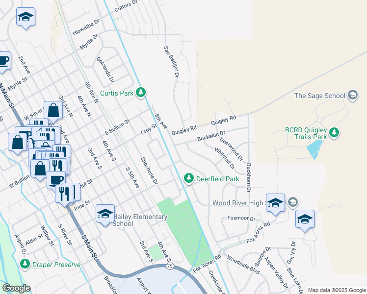 map of restaurants, bars, coffee shops, grocery stores, and more near 351 Deertrail Drive in Hailey