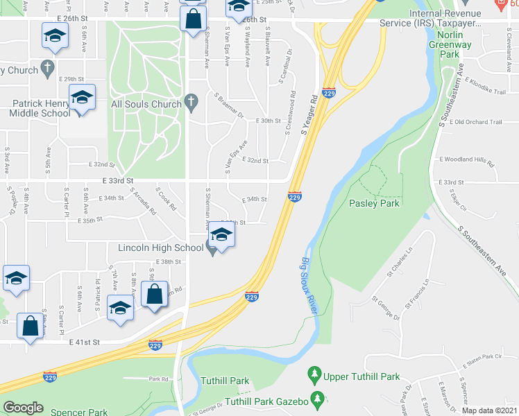map of restaurants, bars, coffee shops, grocery stores, and more near 2605 South Blauvelt Avenue in Sioux Falls