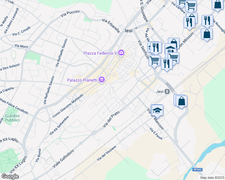 map of restaurants, bars, coffee shops, grocery stores, and more near 5A Via Castelfidardo in Jesi
