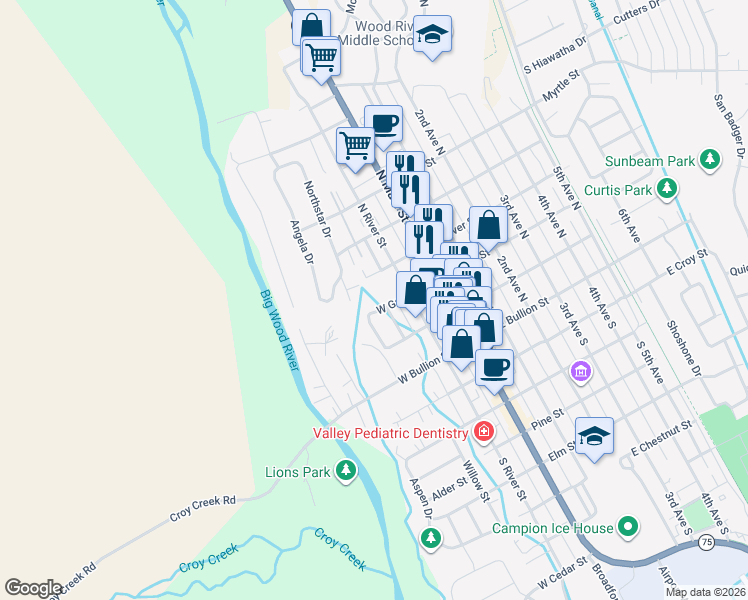 map of restaurants, bars, coffee shops, grocery stores, and more near 155 West Galena Street in Hailey
