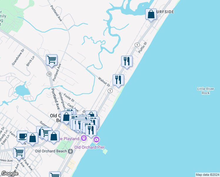 map of restaurants, bars, coffee shops, grocery stores, and more near 76 Milliken Street in Old Orchard Beach