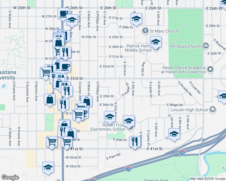 map of restaurants, bars, coffee shops, grocery stores, and more near 2600-2698 S 1st Ave in Sioux Falls