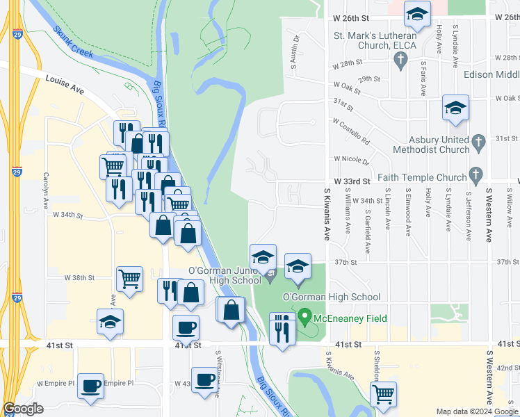 map of restaurants, bars, coffee shops, grocery stores, and more near 3205 West Rivers Edge Way in Sioux Falls