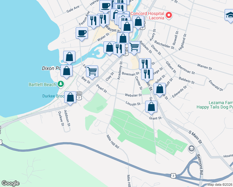 map of restaurants, bars, coffee shops, grocery stores, and more near 108 Academy Street in Laconia