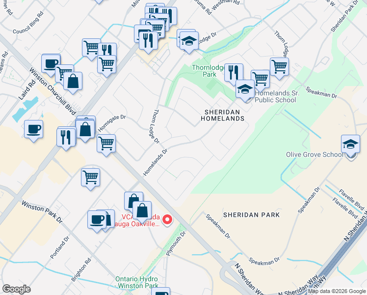 map of restaurants, bars, coffee shops, grocery stores, and more near 2580 Homelands Drive in Mississauga