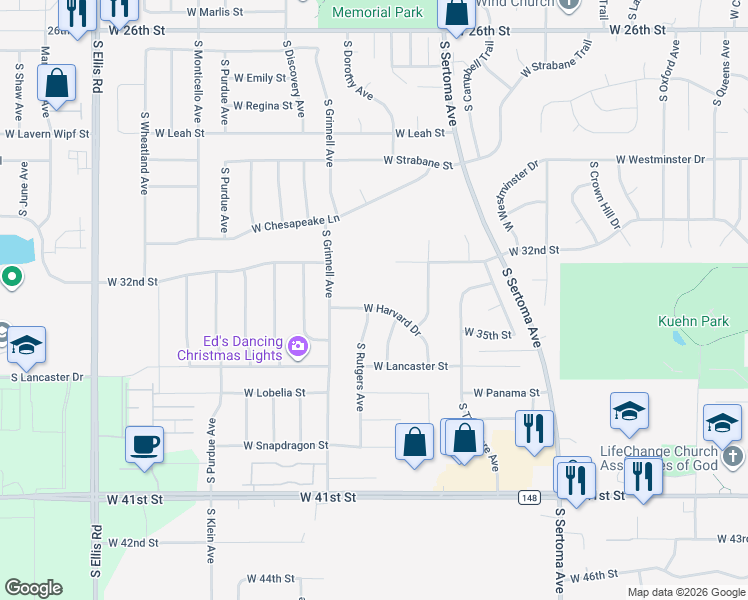 map of restaurants, bars, coffee shops, grocery stores, and more near 7416 West Harvard Drive in Sioux Falls