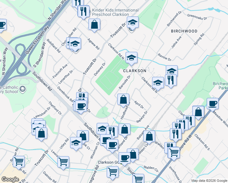 map of restaurants, bars, coffee shops, grocery stores, and more near 1879 Barsuda Drive in Mississauga