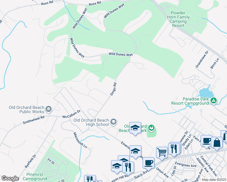 map of restaurants, bars, coffee shops, grocery stores, and more near Dirigo Road in Old Orchard Beach