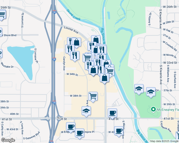 map of restaurants, bars, coffee shops, grocery stores, and more near 3810 West 34th Street in Sioux Falls
