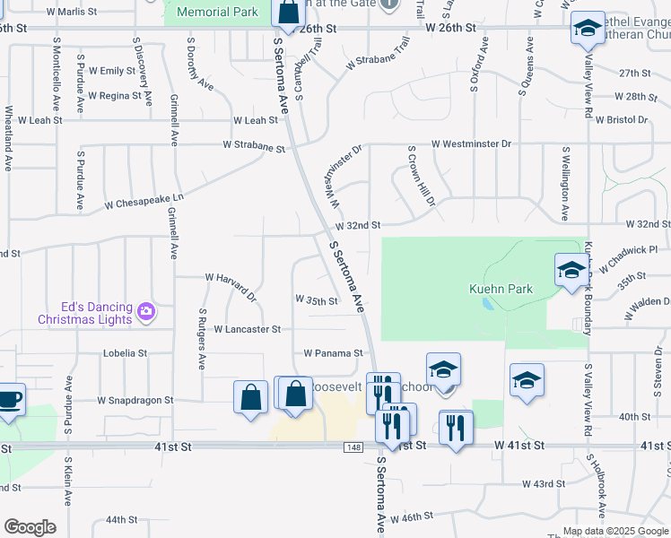 map of restaurants, bars, coffee shops, grocery stores, and more near 2500 South Rough Rider Drive in Sioux Falls