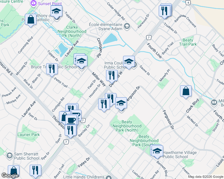map of restaurants, bars, coffee shops, grocery stores, and more near 613 Armstrong Boulevard in Milton