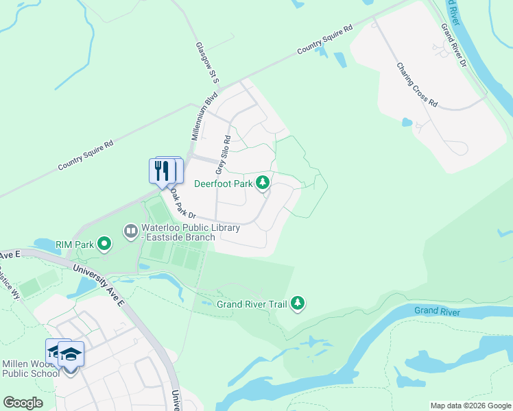 map of restaurants, bars, coffee shops, grocery stores, and more near 326 Deerfoot Trail in Waterloo