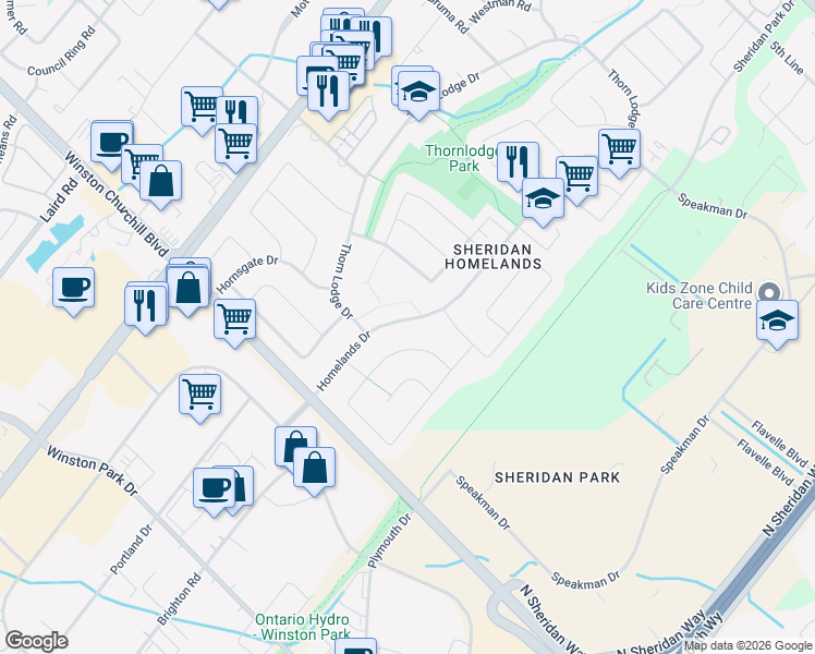 map of restaurants, bars, coffee shops, grocery stores, and more near 2580 Homelands Drive in Mississauga