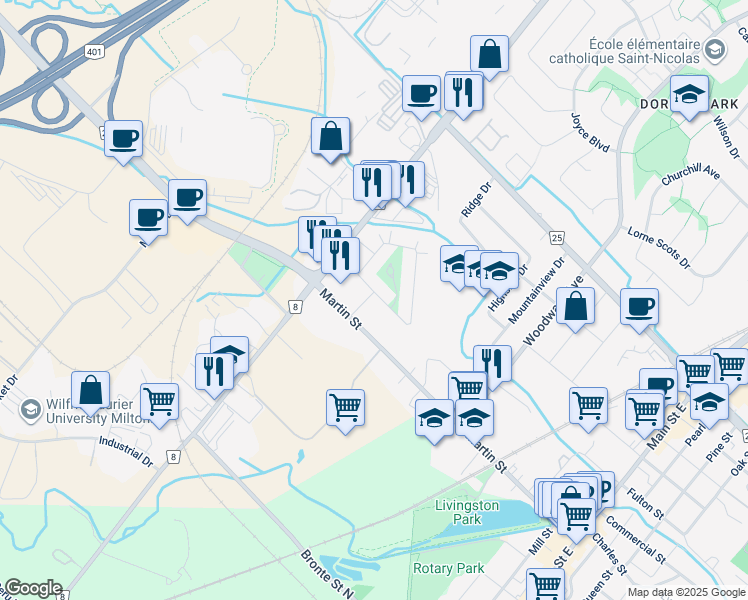map of restaurants, bars, coffee shops, grocery stores, and more near 248 Kingsleigh Court in Milton