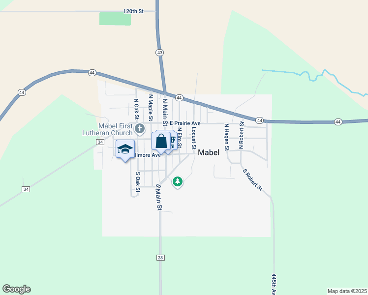 map of restaurants, bars, coffee shops, grocery stores, and more near 106 North Elm Street in Mabel