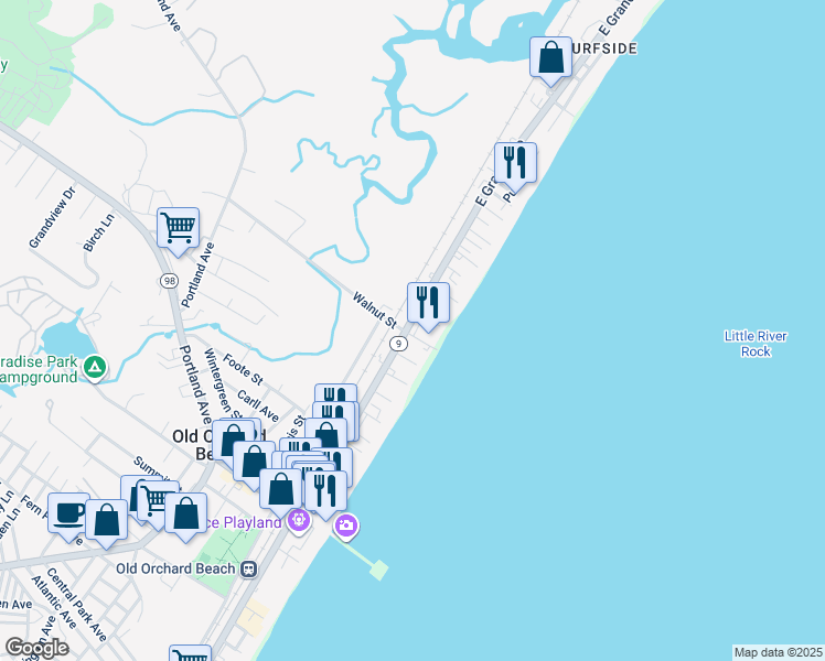 map of restaurants, bars, coffee shops, grocery stores, and more near 6 Walnut Street in Old Orchard Beach
